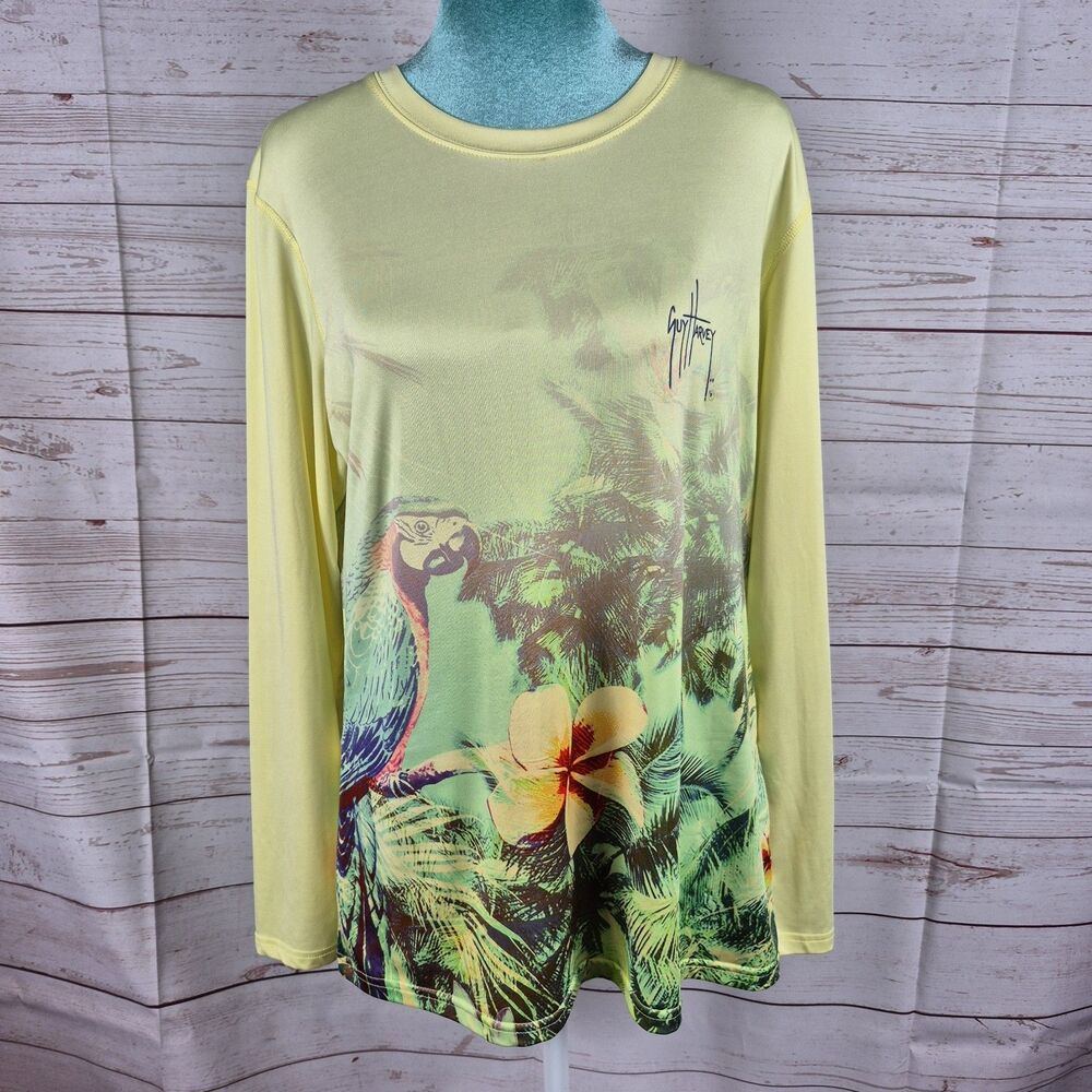 Guy Harvey Performance Womens Size L Yellow Top Long Sleeve Sun Shirt Tropical